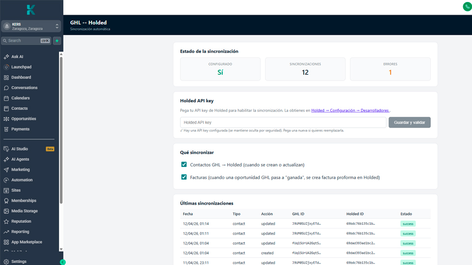 Panel de Holded Sync dentro de GoHighLevel — estado de sincronización, API key y últimas operaciones