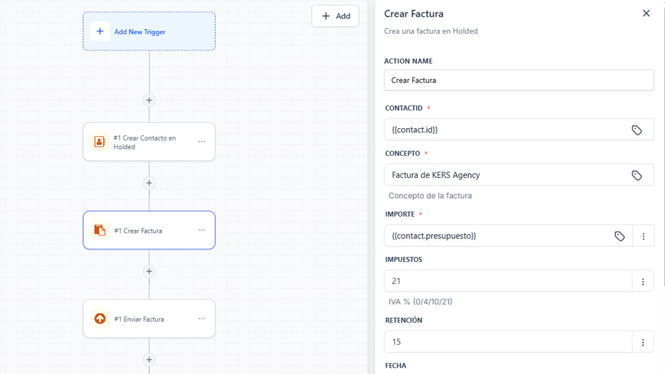 Acciones personalizadas de la app Holded dentro de un workflow de GHL: crear contacto, crear factura y enviar factura